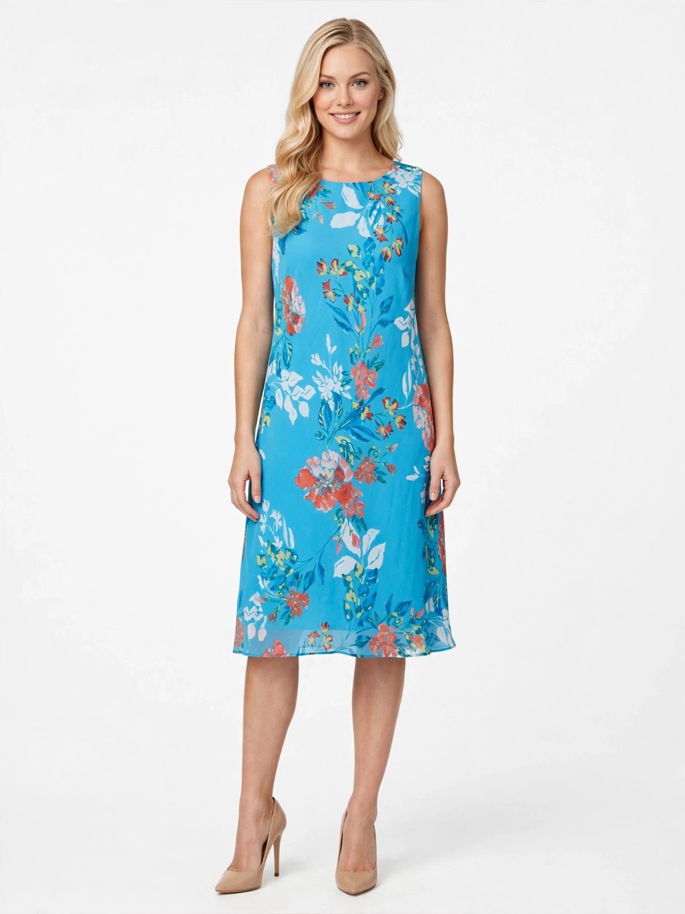 Nine West Bright Turquoise Floral Sleeveless Midi Dress